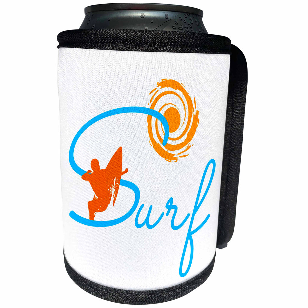 3dRose Alexis Design - Beach, Sea, Surf - Orange man surfer, orange sun, blue text Surf, white background - Can Cooler Bottle Wrap (cc_283904)