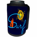 3dRose Alexis Design - Beach, Sea, Surf - Woman surfer in water, yellow sun, blue text Surf, blue background - Can Cooler Bottle Wrap (cc_283905)