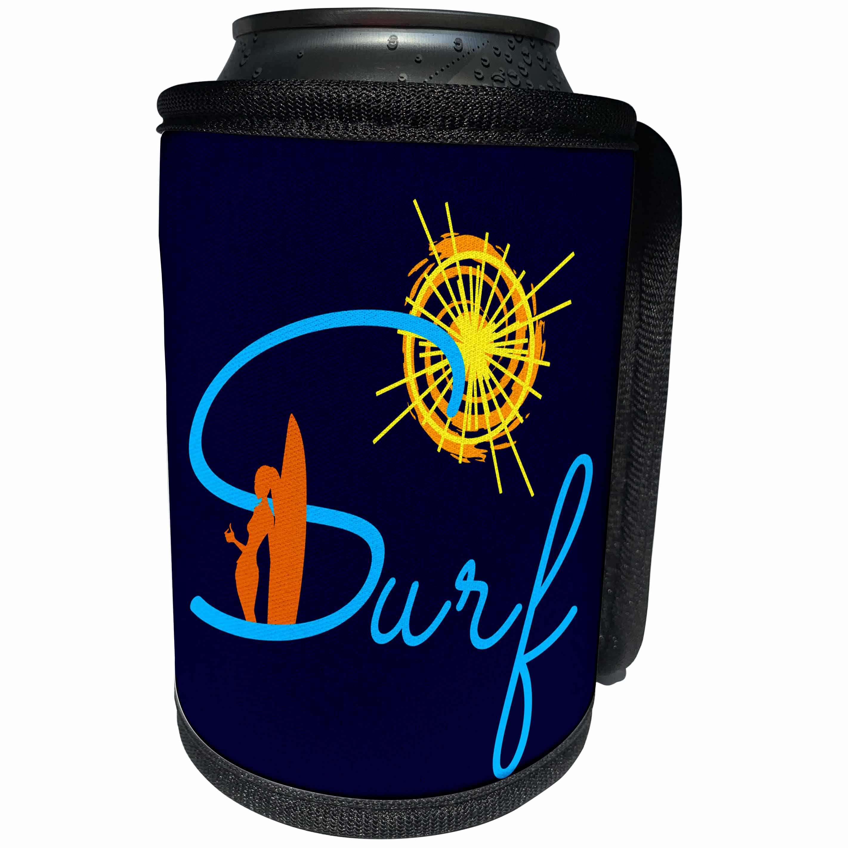 3dRose Alexis Design - Beach, Sea, Surf - Woman surfer in water, yellow sun, blue text Surf, blue background - Can Cooler Bottle Wrap (cc_283905)