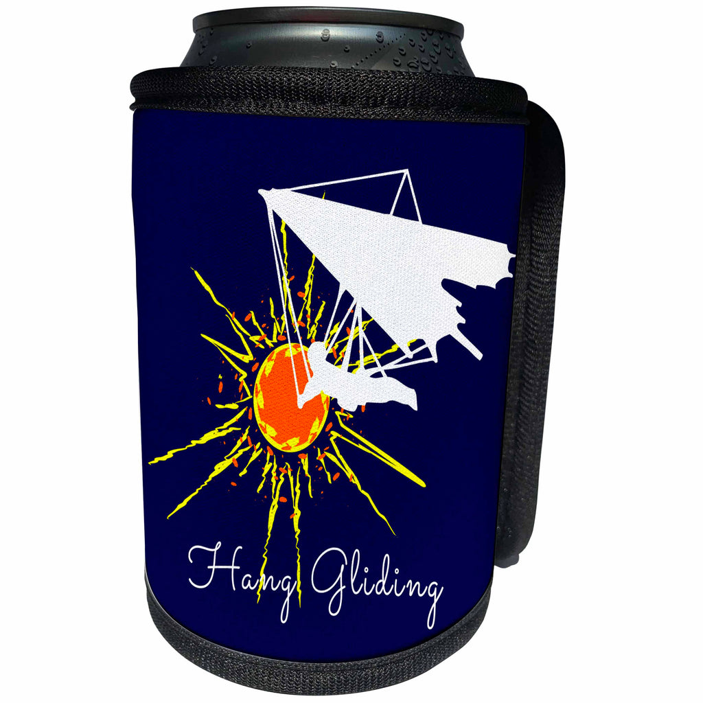 3dRose Alexis Design - Sport Misc - Hang gliding text, yellow and orange sun, a pilot in the sky, on blue - Can Cooler Bottle Wrap (cc_283908)