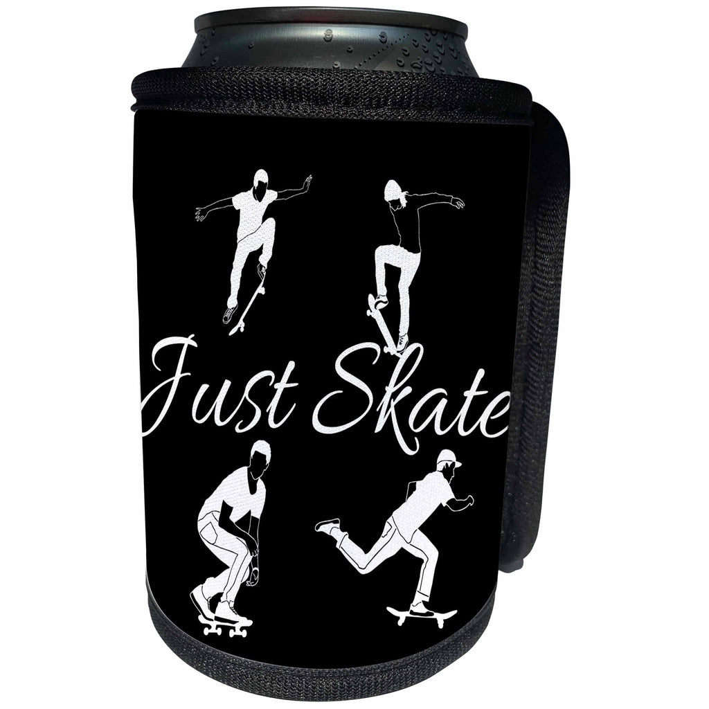 3dRose Alexis Design - Sport Skateboard - Four skateboarders in action, text Just Skate on black background - Can Cooler Bottle Wrap (cc_283910)
