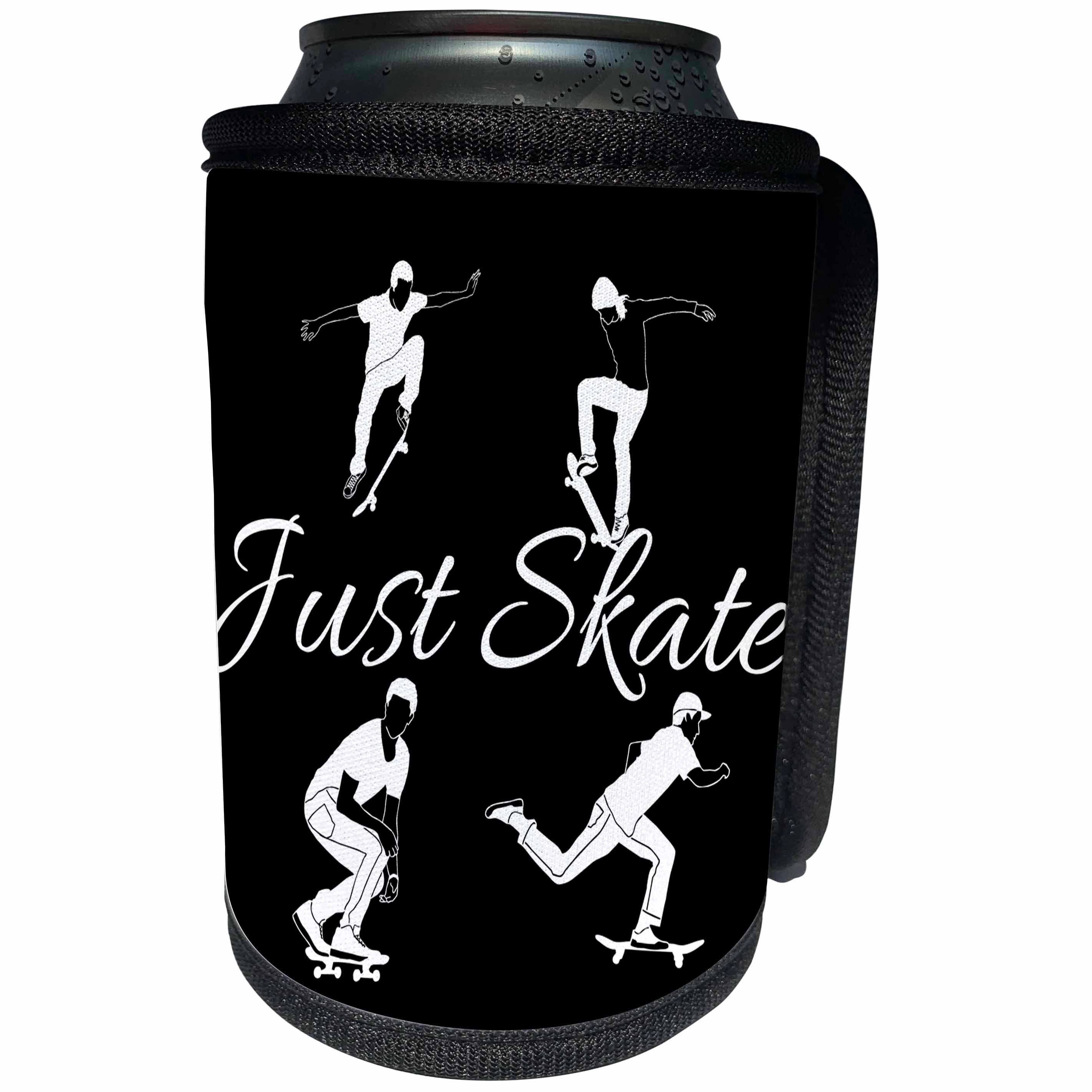 3dRose Alexis Design - Sport Skateboard - Four skateboarders in action, text Just Skate on black background - Can Cooler Bottle Wrap (cc_283910)