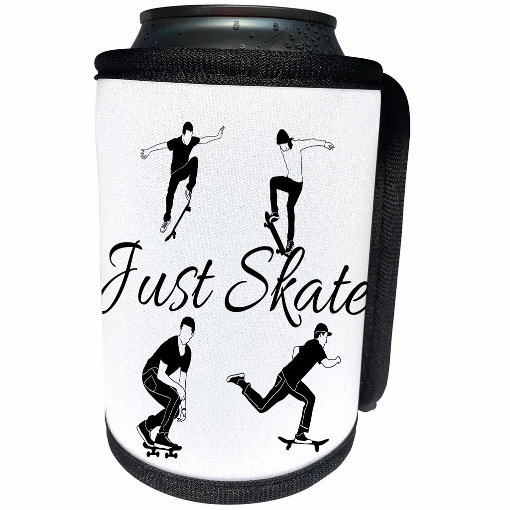 3dRose Alexis Design - Sport Skateboard - Four skateboarders in action, text Just Skate on white background - Can Cooler Bottle Wrap (cc_283911)