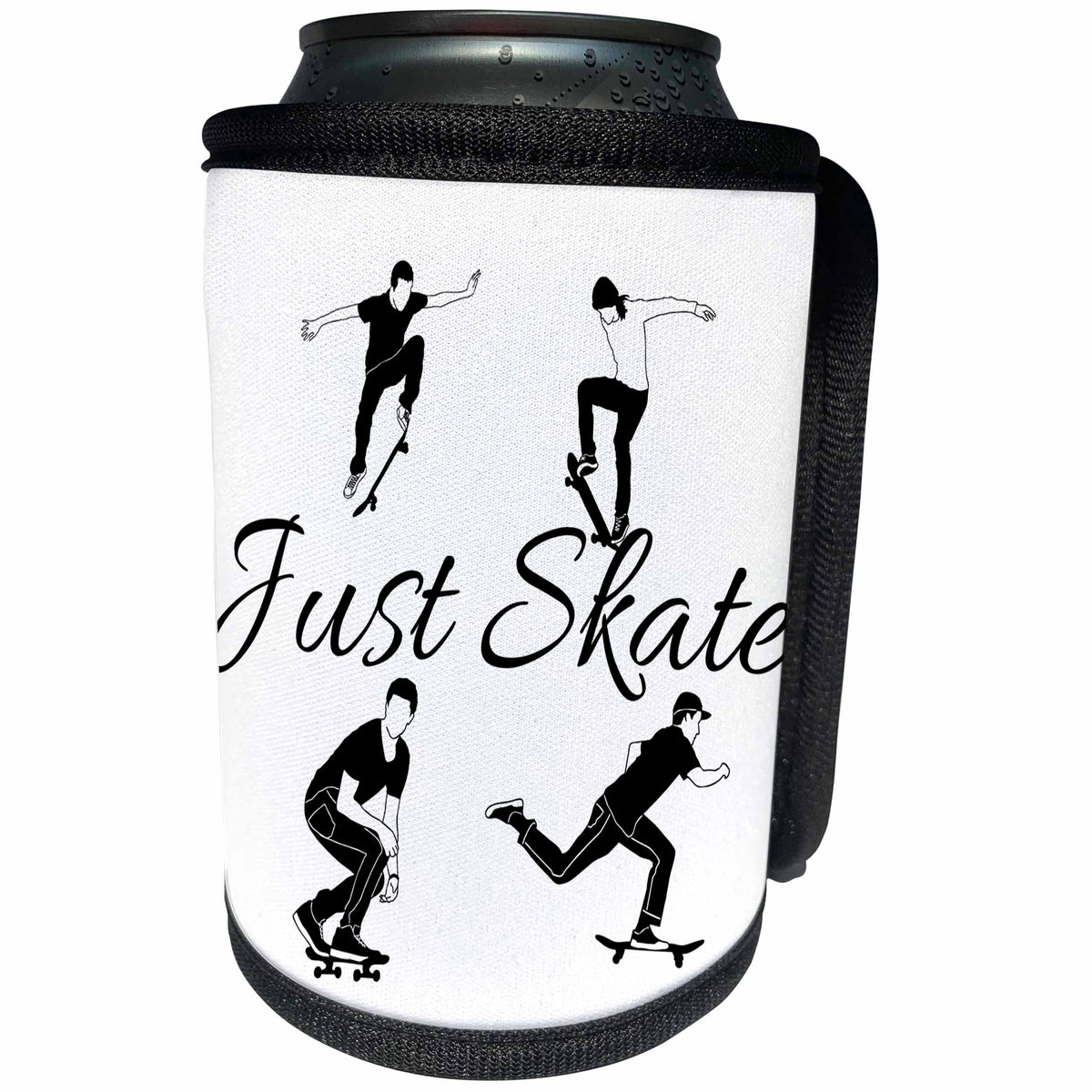 3dRose Alexis Design - Sport Skateboard - Four skateboarders in action, text Just Skate on white background - Can Cooler Bottle Wrap (cc_283911)