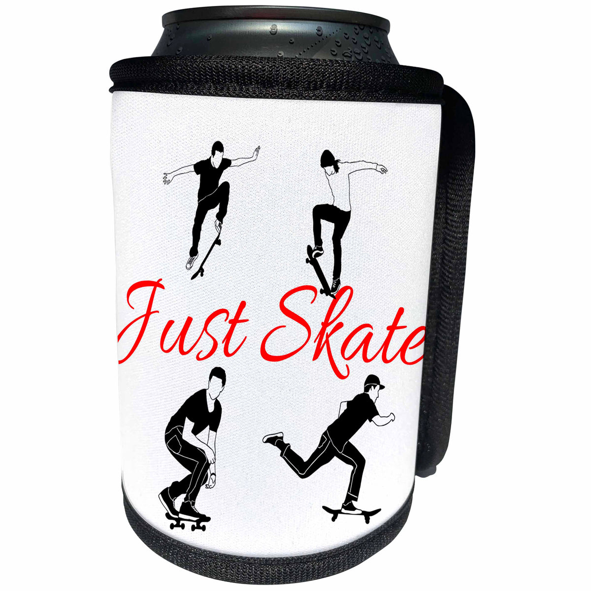 3dRose Alexis Design - Sport Skateboard - Four skateboarders in action, red text Just Skate on white background - Can Cooler Bottle Wrap (cc_283912)
