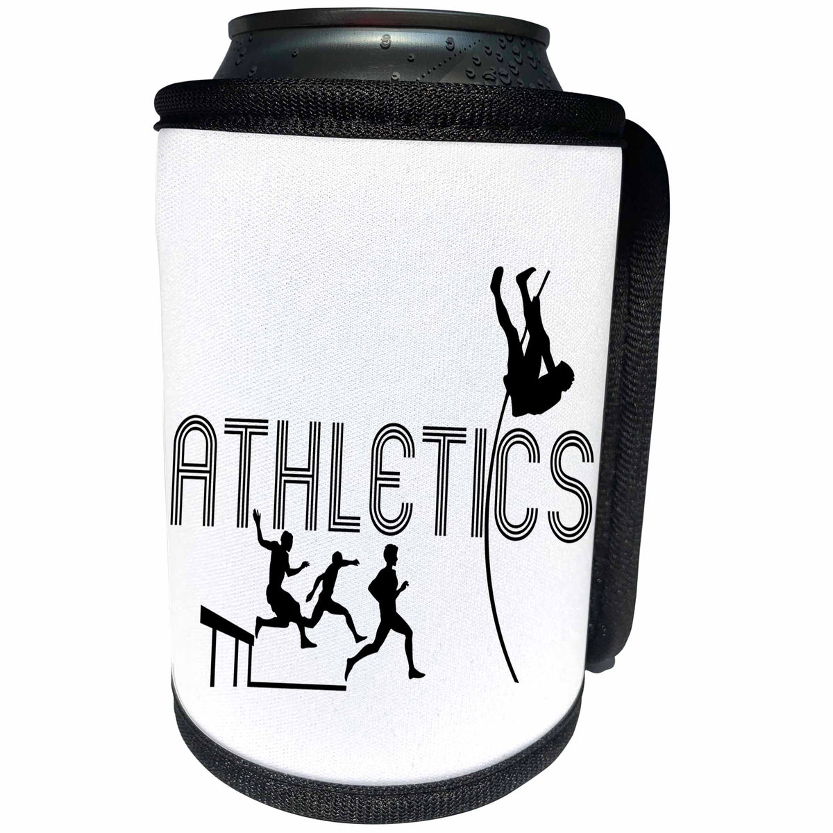 3dRose Alexis Design - Sport Athletics - Hurdling runners, pole jumper, stylized text ATHLETICS on white - Can Cooler Bottle Wrap (cc_283914)