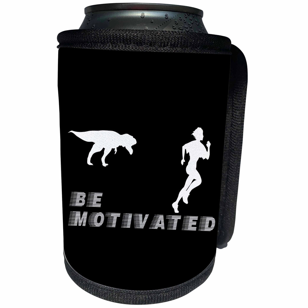 3dRose Alexis Design - Funny - Tyrannosaurus Rex follows a runner. Be motivated. Black background - Can Cooler Bottle Wrap (cc_283917)