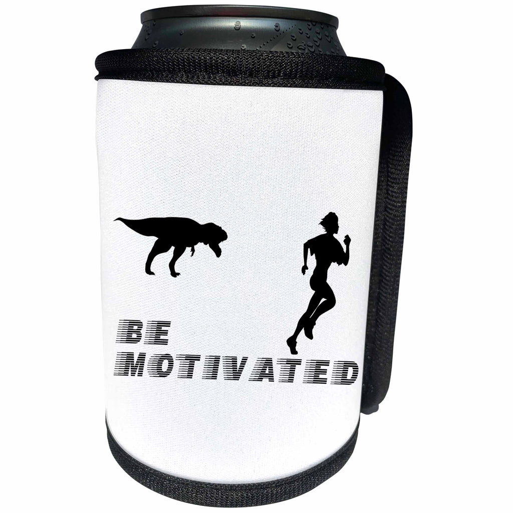 3dRose Alexis Design - Funny - Tyrannosaurus Rex follows a runner. Be motivated. White background - Can Cooler Bottle Wrap (cc_283918)