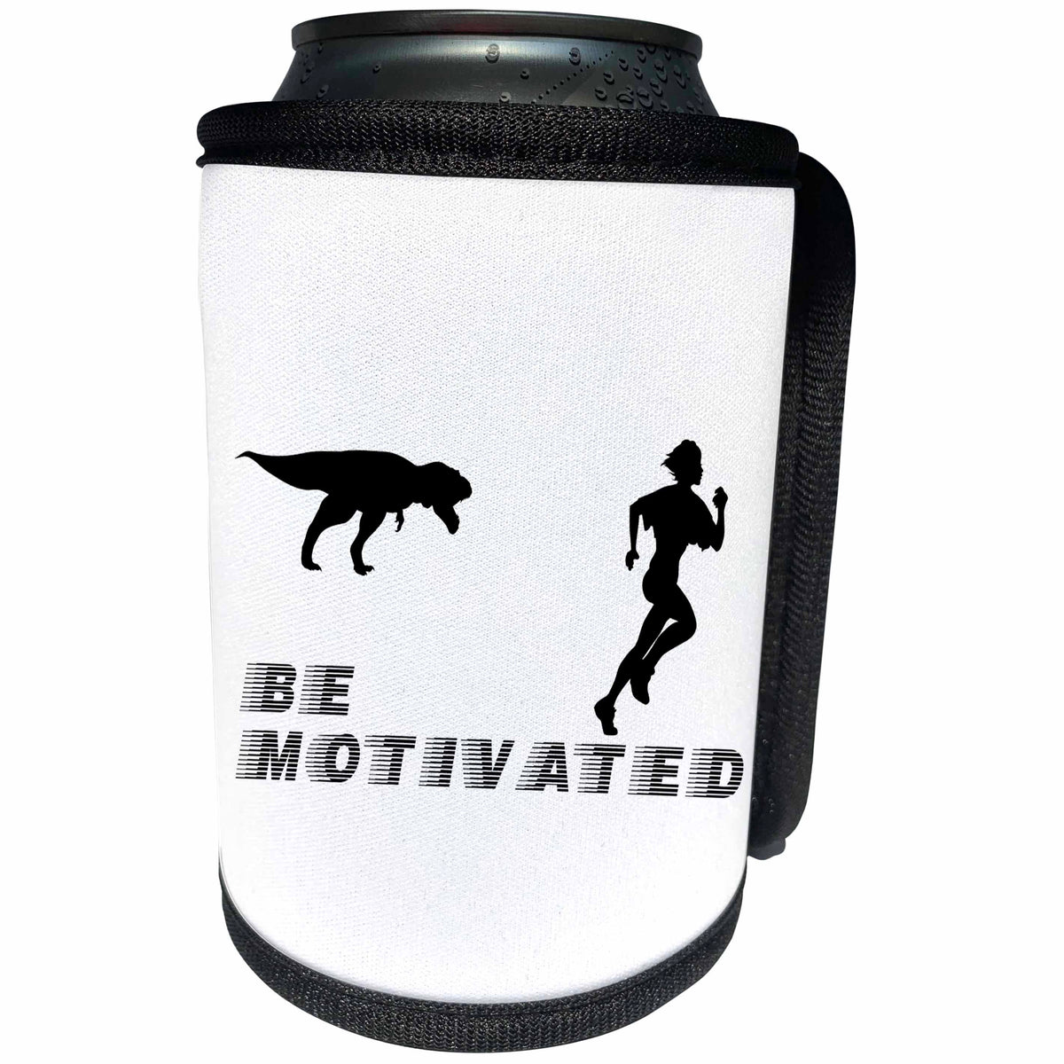 3dRose Alexis Design - Funny - Tyrannosaurus Rex follows a runner. Be motivated. White background - Can Cooler Bottle Wrap (cc_283918)