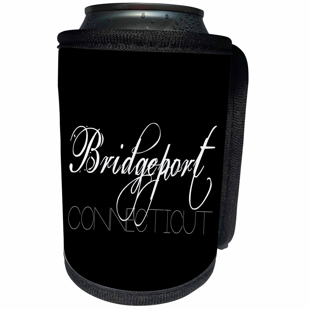 3dRose Alexis Design - American Cities - American Cities - Bridgeport Connecticut, white on black - Can Cooler Bottle Wrap (cc_283925)