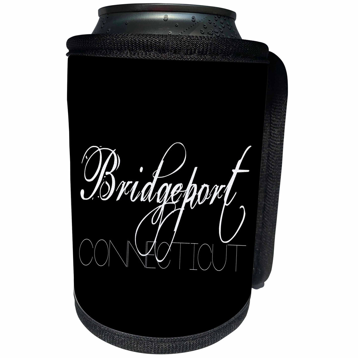 3dRose Alexis Design - American Cities - American Cities - Bridgeport Connecticut, white on black - Can Cooler Bottle Wrap (cc_283925)