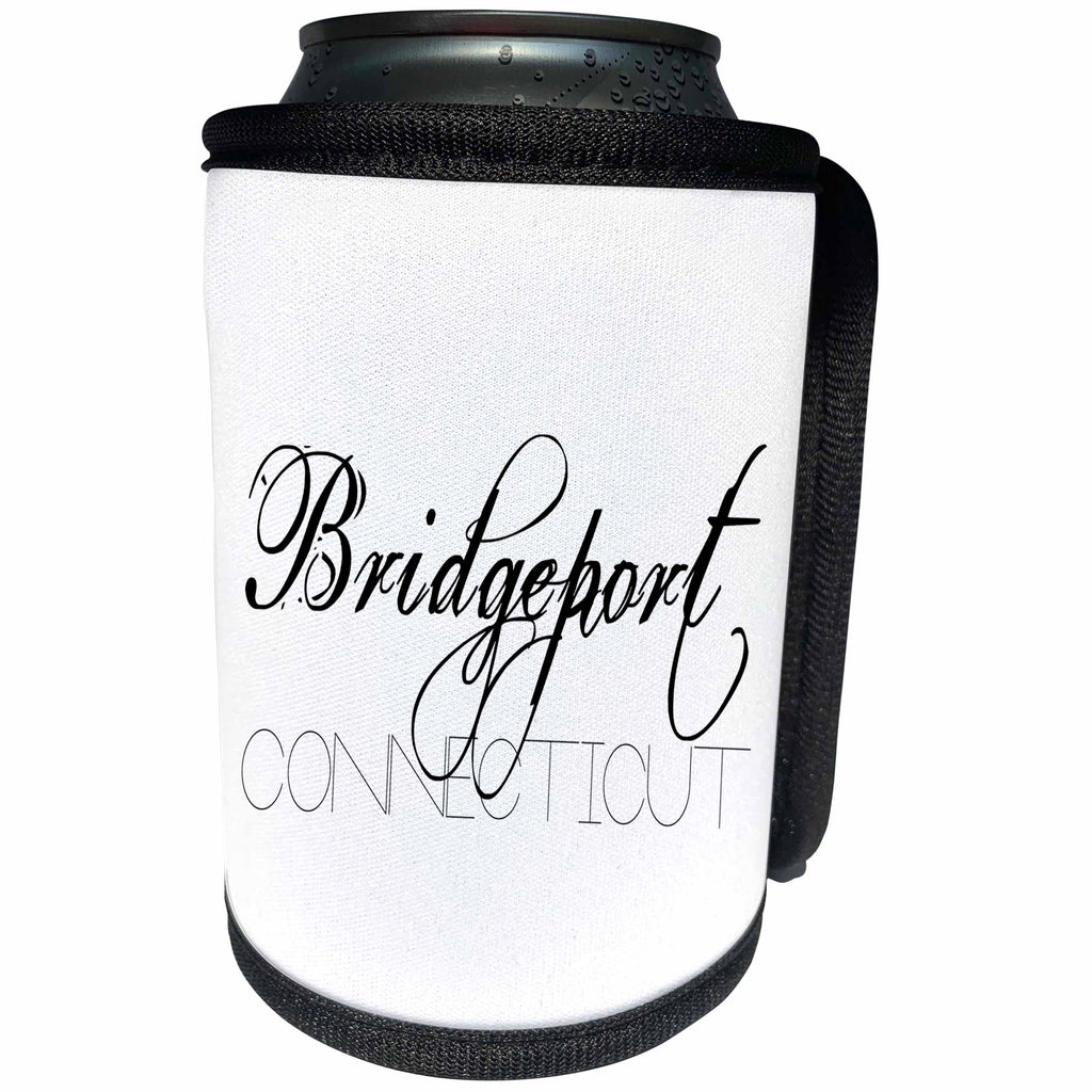 3dRose Alexis Design - American Cities - American Cities - Bridgeport Connecticut, black on white - Can Cooler Bottle Wrap (cc_283926)