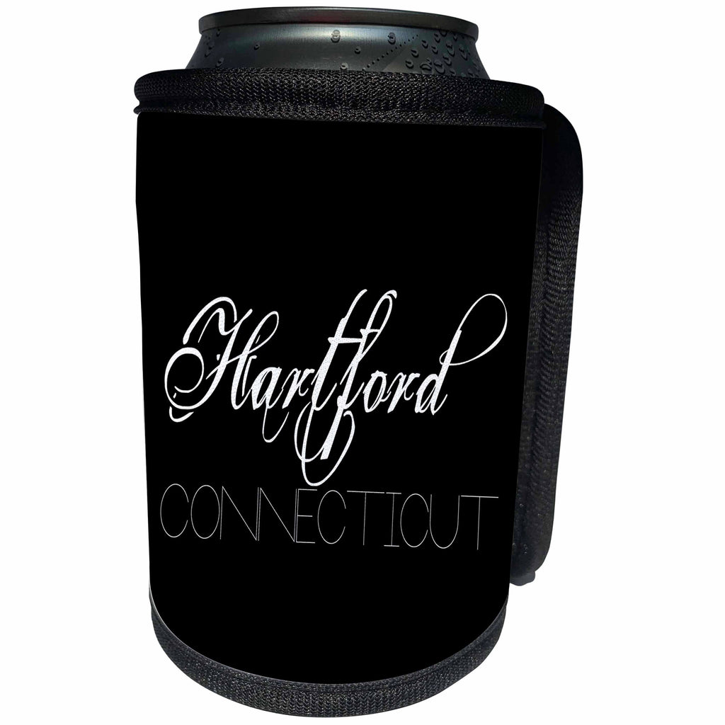 3dRose Alexis Design - American Cities - American Cities - Hartford Connecticut, white on black - Can Cooler Bottle Wrap (cc_283928)