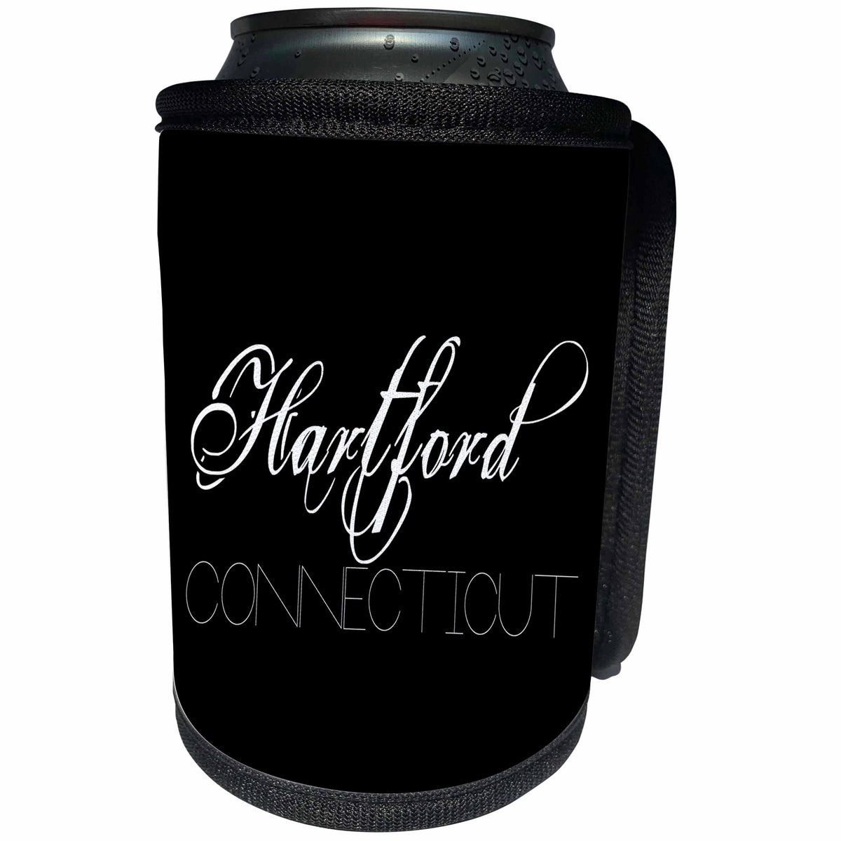 3dRose Alexis Design - American Cities - American Cities - Hartford Connecticut, white on black - Can Cooler Bottle Wrap (cc_283928)