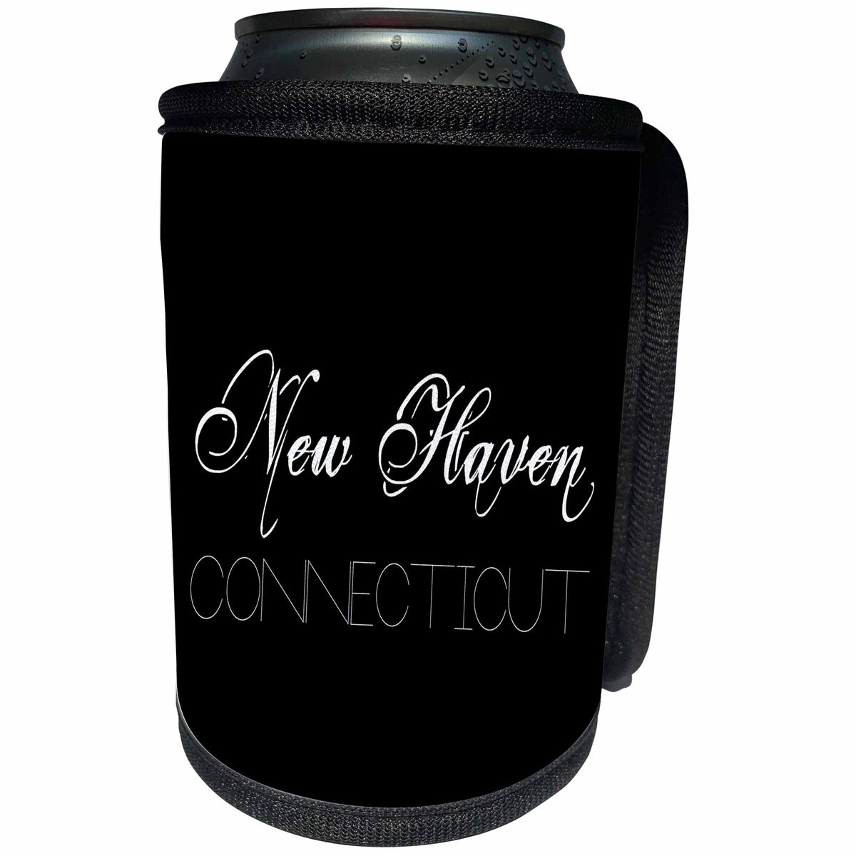 3dRose Alexis Design - American Cities - American Cities - New Haven Connecticut, white on black - Can Cooler Bottle Wrap (cc_283931)