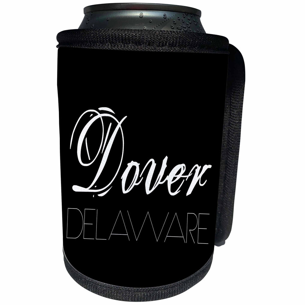 3dRose Alexis Design - American Cities - American Cities - Dover Delaware, white on black - Can Cooler Bottle Wrap (cc_283934)