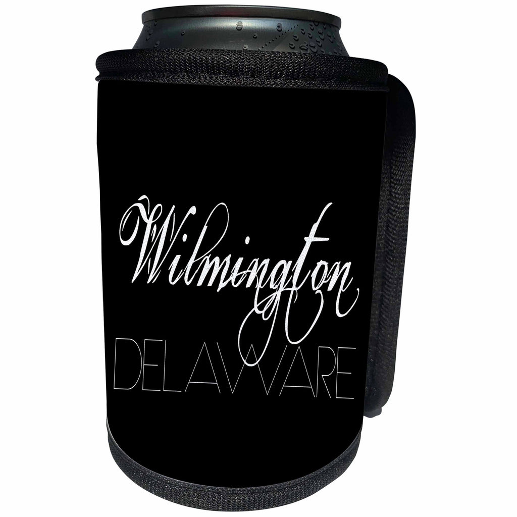 3dRose Alexis Design - American Cities - American Cities - Wilmington Delaware, white on black - Can Cooler Bottle Wrap (cc_283937)