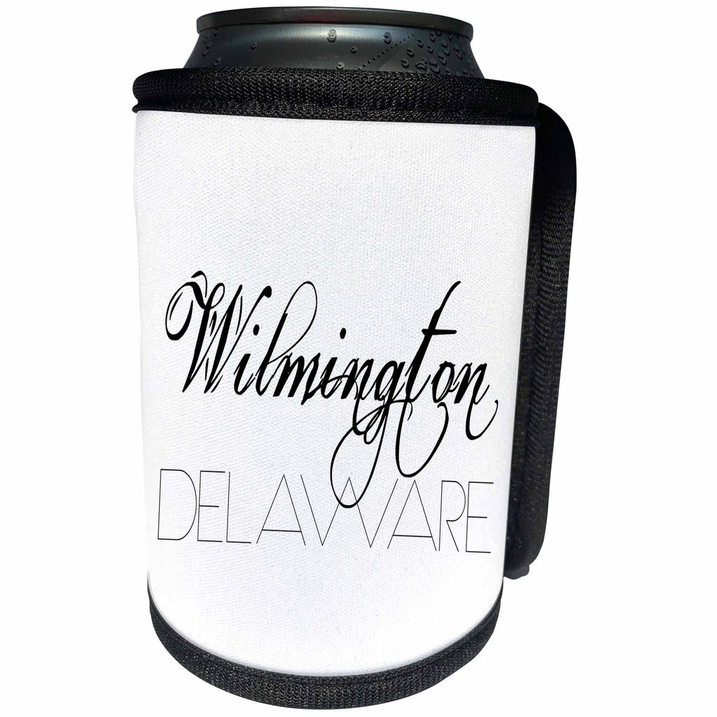 3dRose Alexis Design - American Cities - American Cities - Wilmington Delaware, black on white - Can Cooler Bottle Wrap (cc_283938)