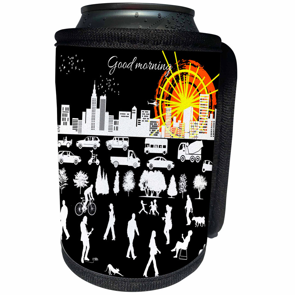 3dRose Alexis Design - Positive - Good Morning, City. Buildings, traffic, people, sunrise, on black - Can Cooler Bottle Wrap (cc_283970)
