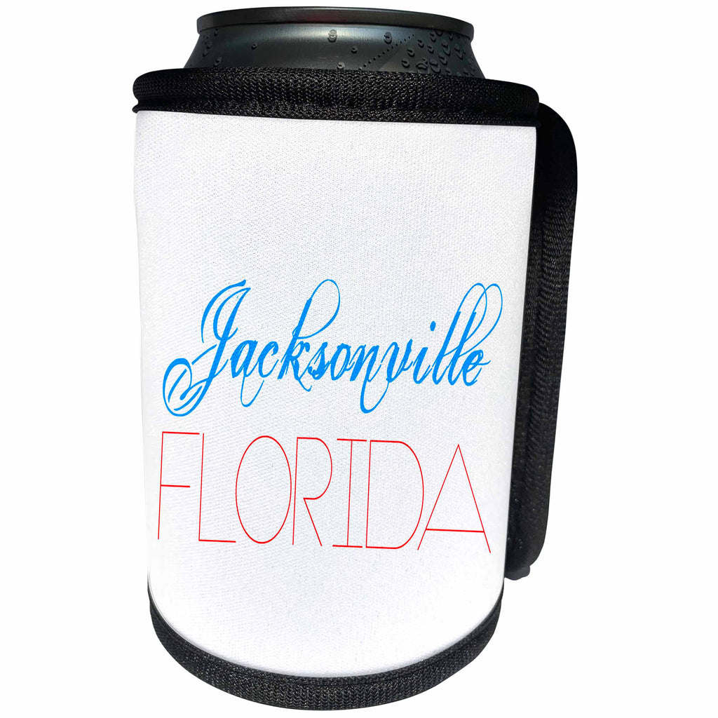 3dRose Alexis Design - American Cities - American Cities - Jacksonville Florida, blue, red on white - Can Cooler Bottle Wrap (cc_283972)