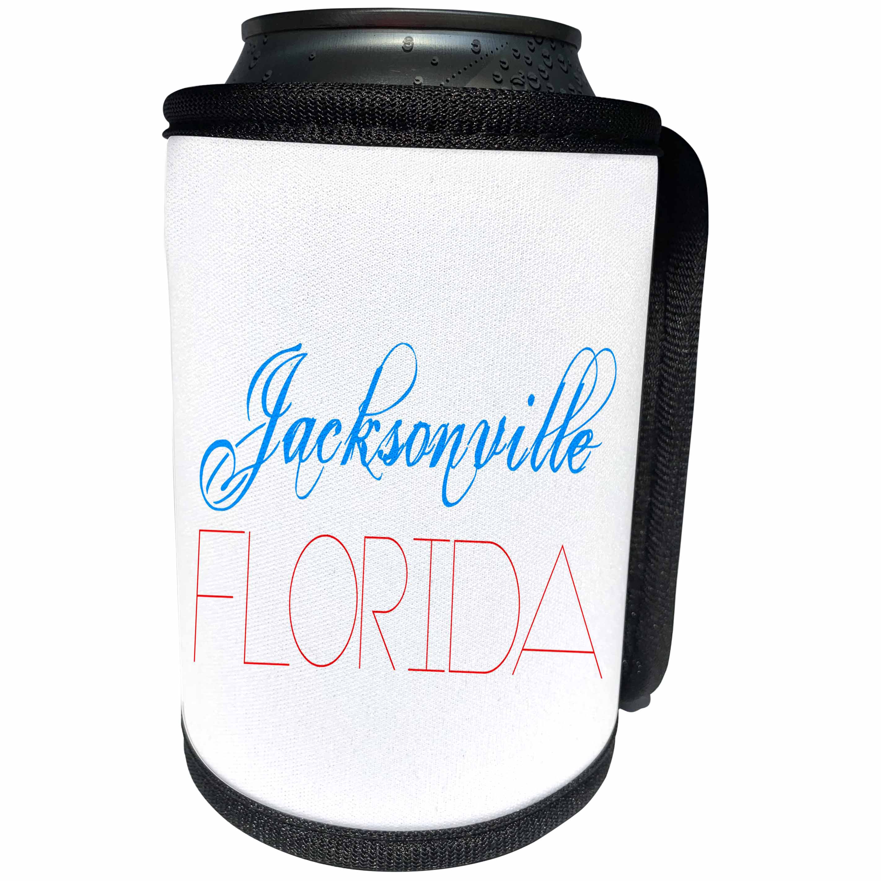3dRose Alexis Design - American Cities - American Cities - Jacksonville Florida, blue, red on white - Can Cooler Bottle Wrap (cc_283972)