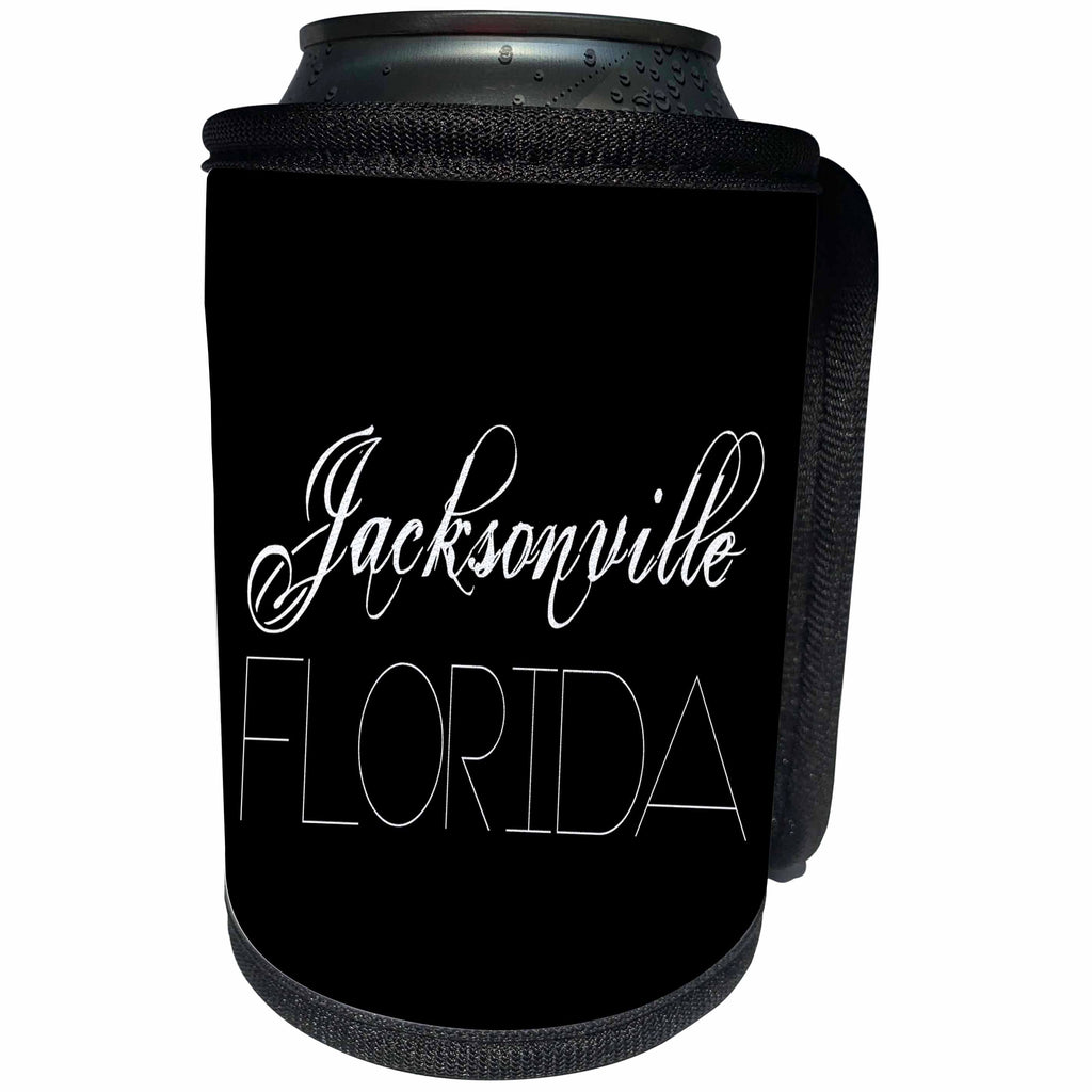 3dRose Can Cooler Bottle Wrap - Alexis Design - American Cities - Jacksonville Florida, White on Black