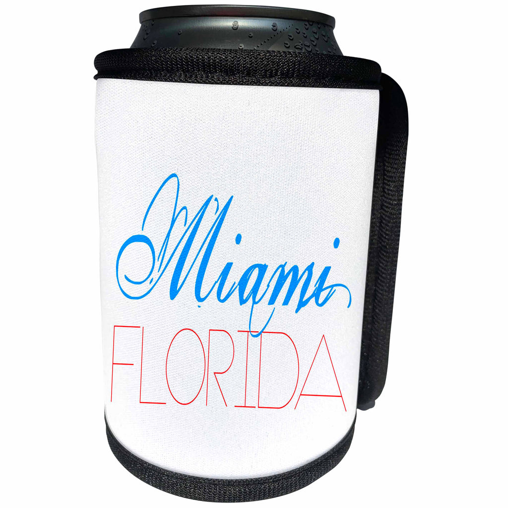 3dRose Alexis Design - American Cities - American Cities - Miami Florida, blue, red on white - Can Cooler Bottle Wrap (cc_283975)