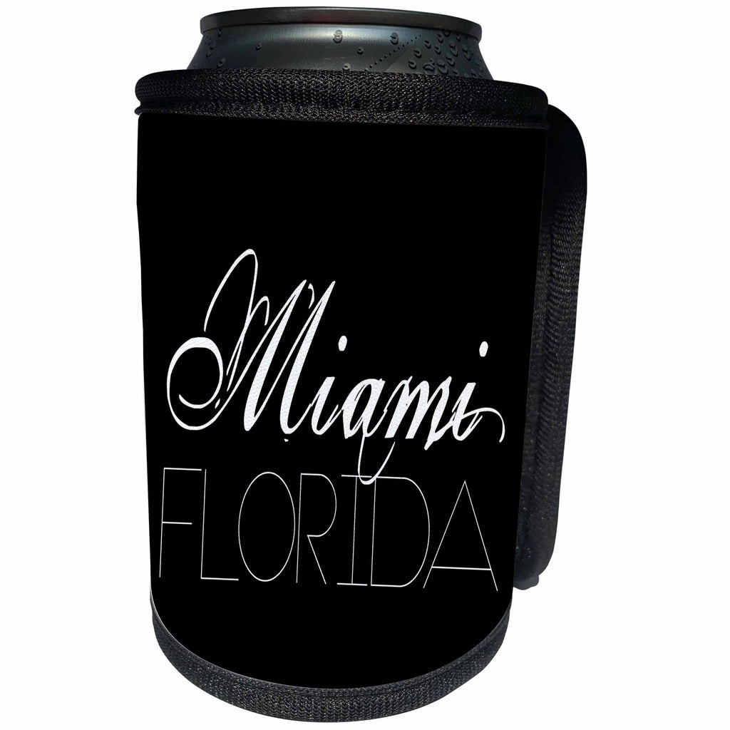 3dRose Alexis Design - American Cities - American Cities - Miami Florida, white on black - Can Cooler Bottle Wrap (cc_283976)