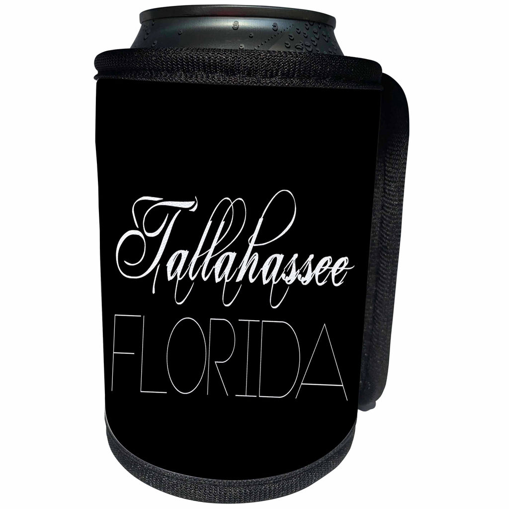 3dRose Alexis Design - American Cities - American Cities - Tallahassee Florida, white on black - Can Cooler Bottle Wrap (cc_283979)