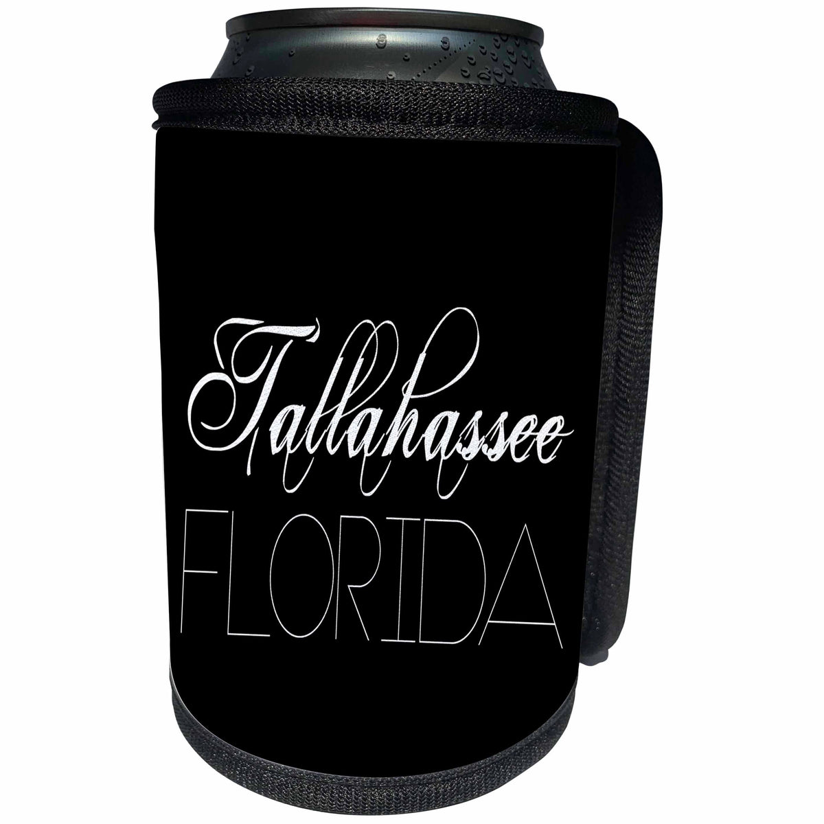 3dRose Alexis Design - American Cities - American Cities - Tallahassee Florida, white on black - Can Cooler Bottle Wrap (cc_283979)