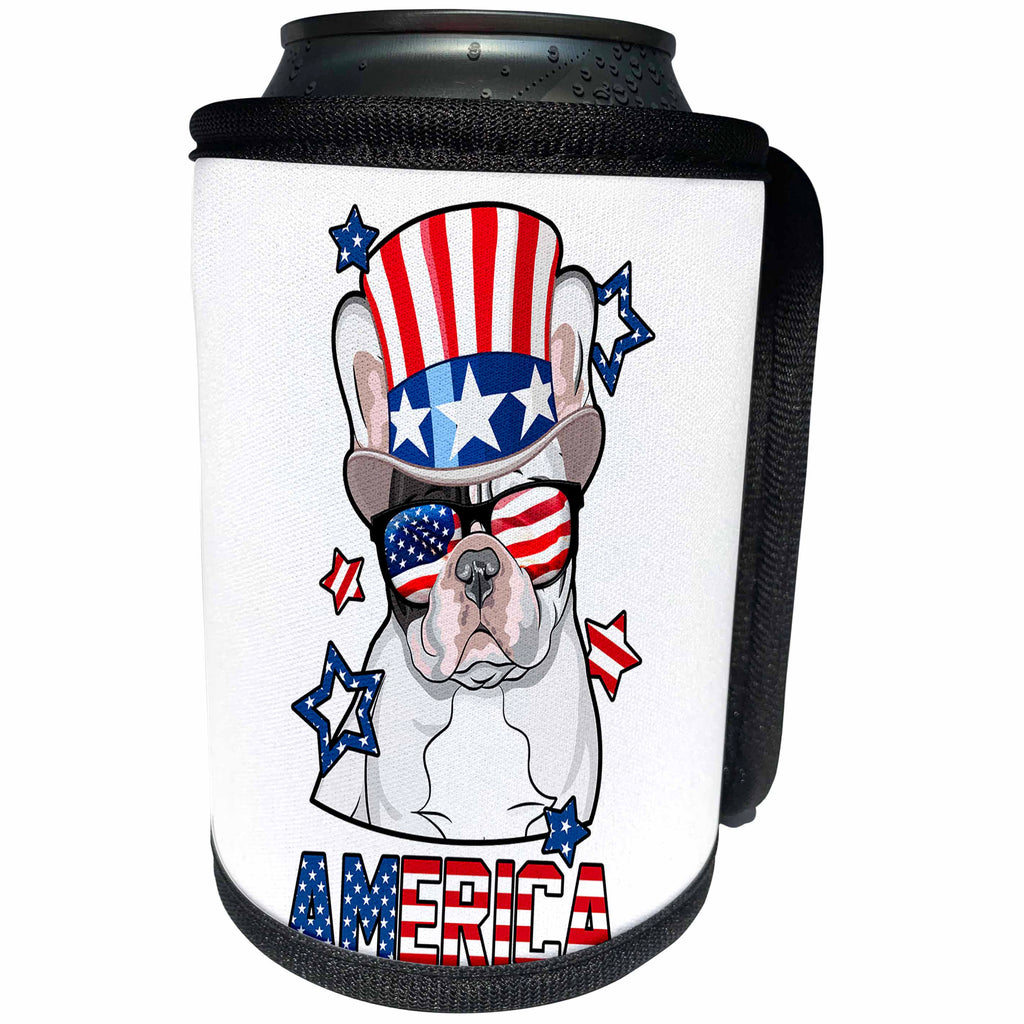 3dRose Patriotic American Dogs - French Bulldog With American Flag Sunglasses and Tophat Dog America - Can Cooler Bottle Wrap (cc_284220)