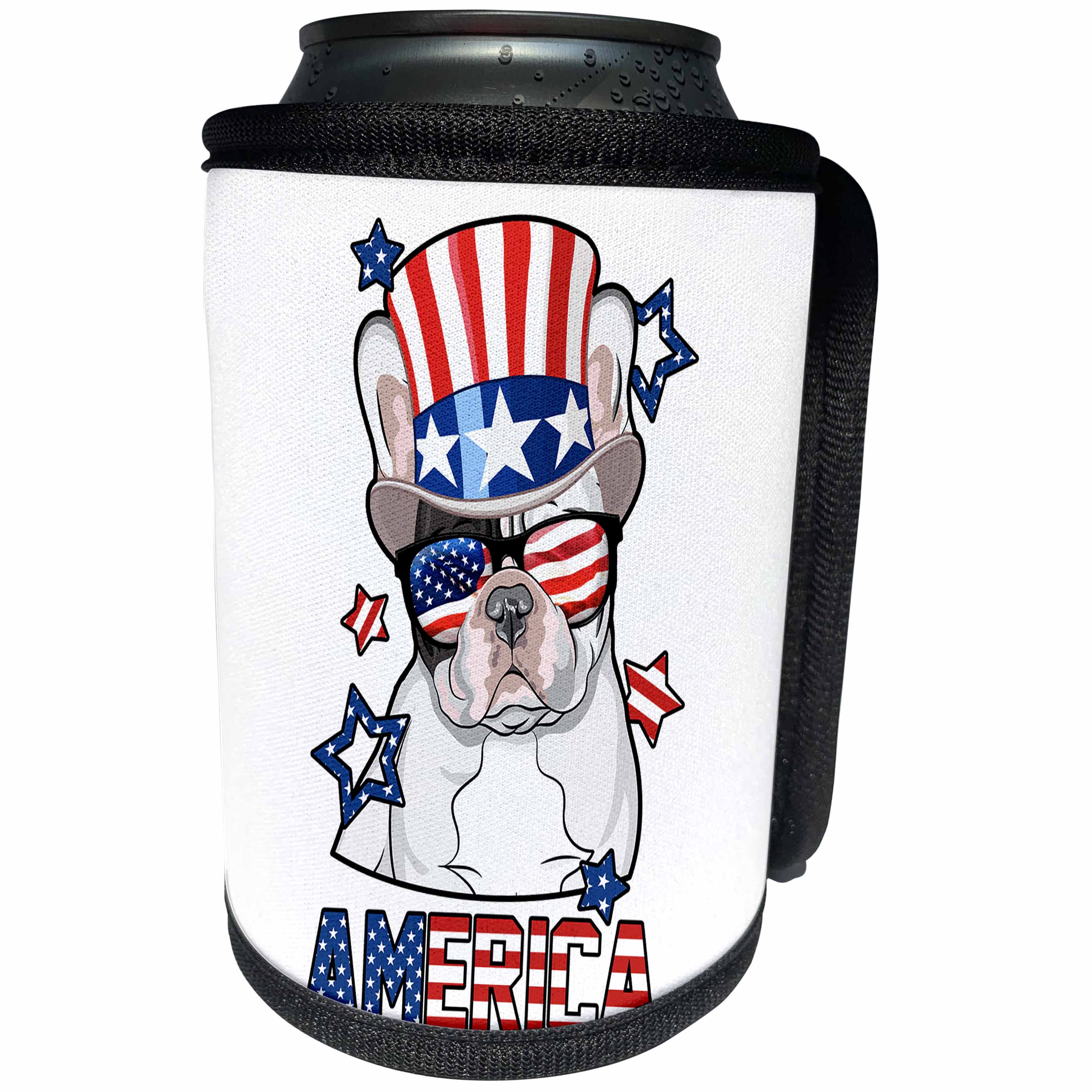 3dRose Patriotic American Dogs - French Bulldog With American Flag Sunglasses and Tophat Dog America - Can Cooler Bottle Wrap (cc_284220)