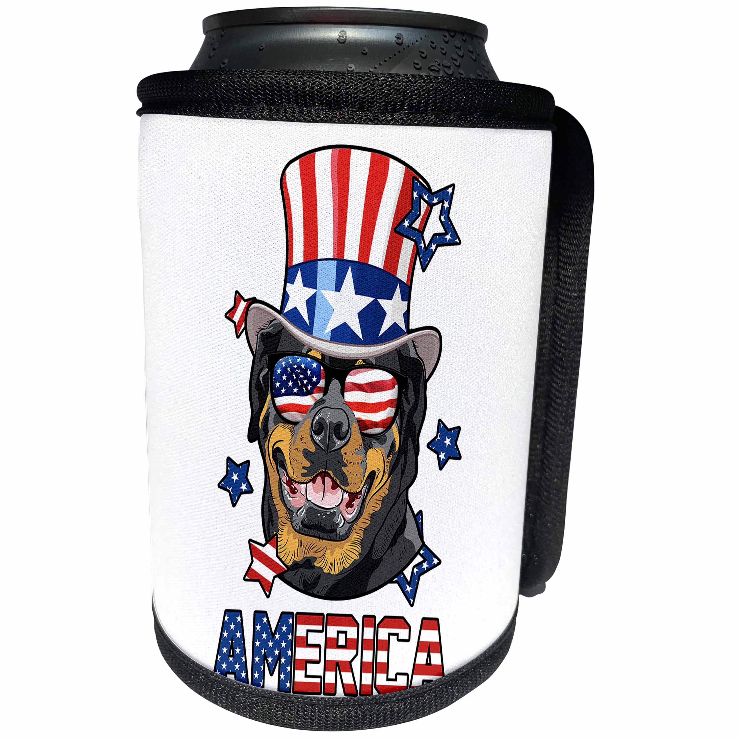 3dRose Rottweiler With American Flag Sunglasses and Tophat Dog... - Can Cooler Bottle Wrap (cc_284224)