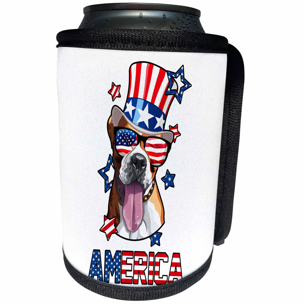 3dRose Patriotic American Dogs - Boxer Dog With American Flag Sunglasses and Tophat America - Can Cooler Bottle Wrap (cc_284227)