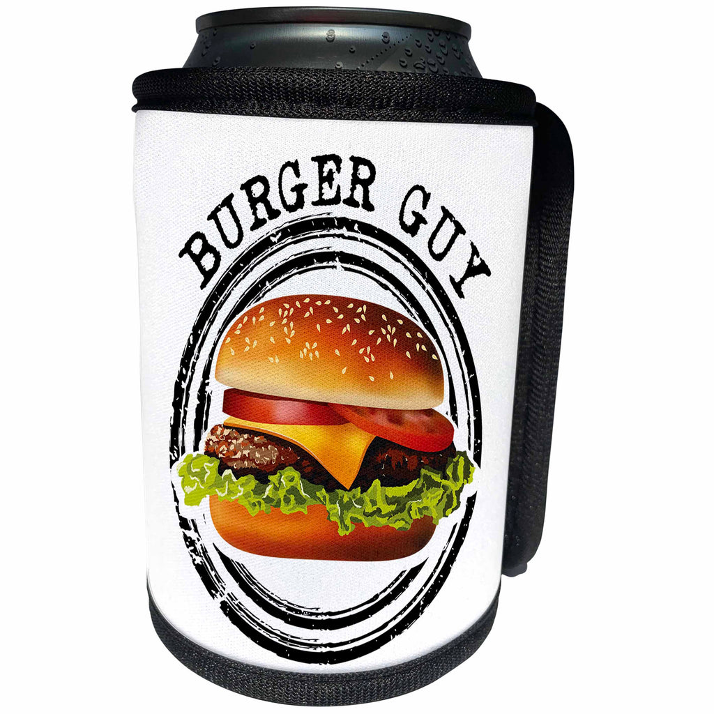 3dRose Carsten Reisinger - Illustrations - Burger Guy Cool Hamburger Cheeseburger Sandwich Barbecue BBQ Food - Can Cooler Bottle Wrap (cc_284234)