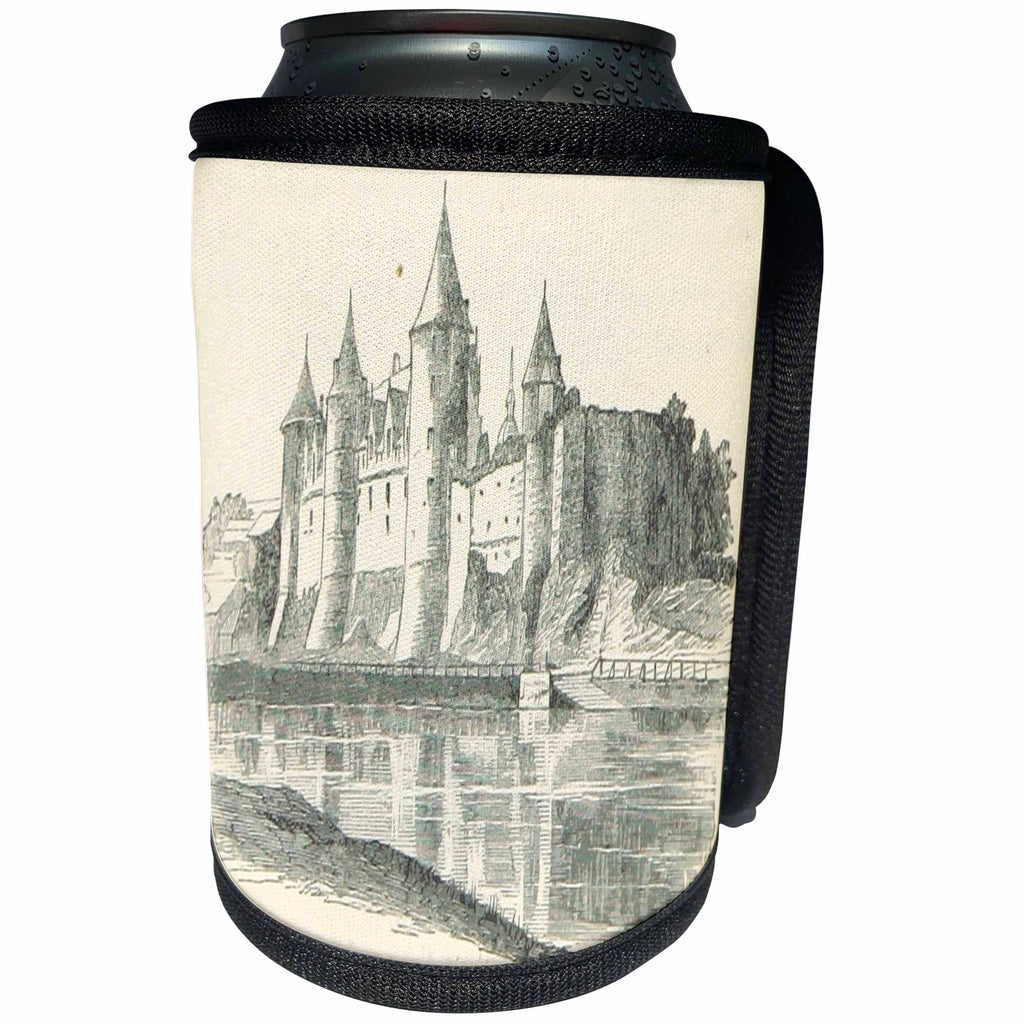 3dRose TDSwhite – Castle Sketches - Vintage Castle Sketch Fairy Tale Medieval Historical - Can Cooler Bottle Wrap (cc_284243)