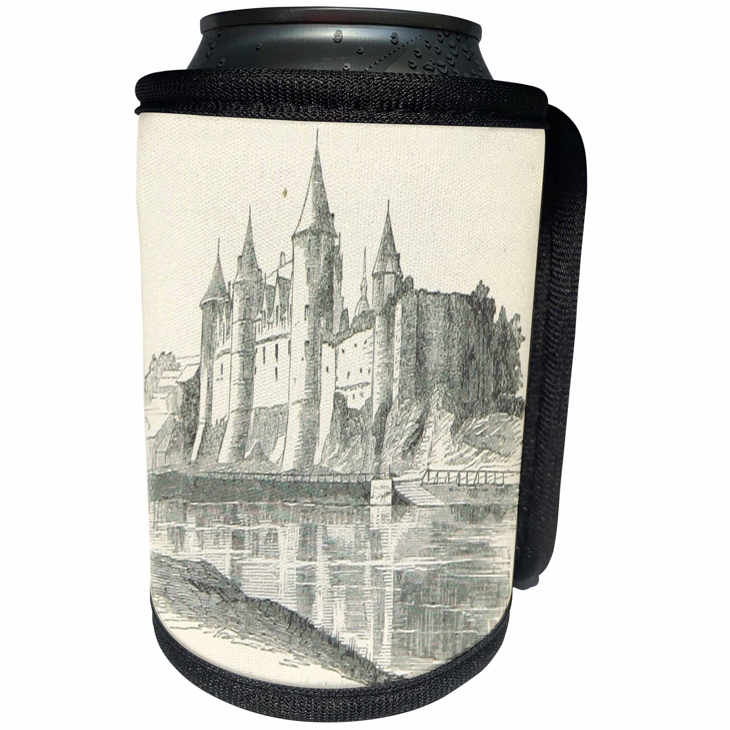 3dRose TDSwhite – Castle Sketches - Vintage Castle Sketch Fairy Tale Medieval Historical - Can Cooler Bottle Wrap (cc_284243)