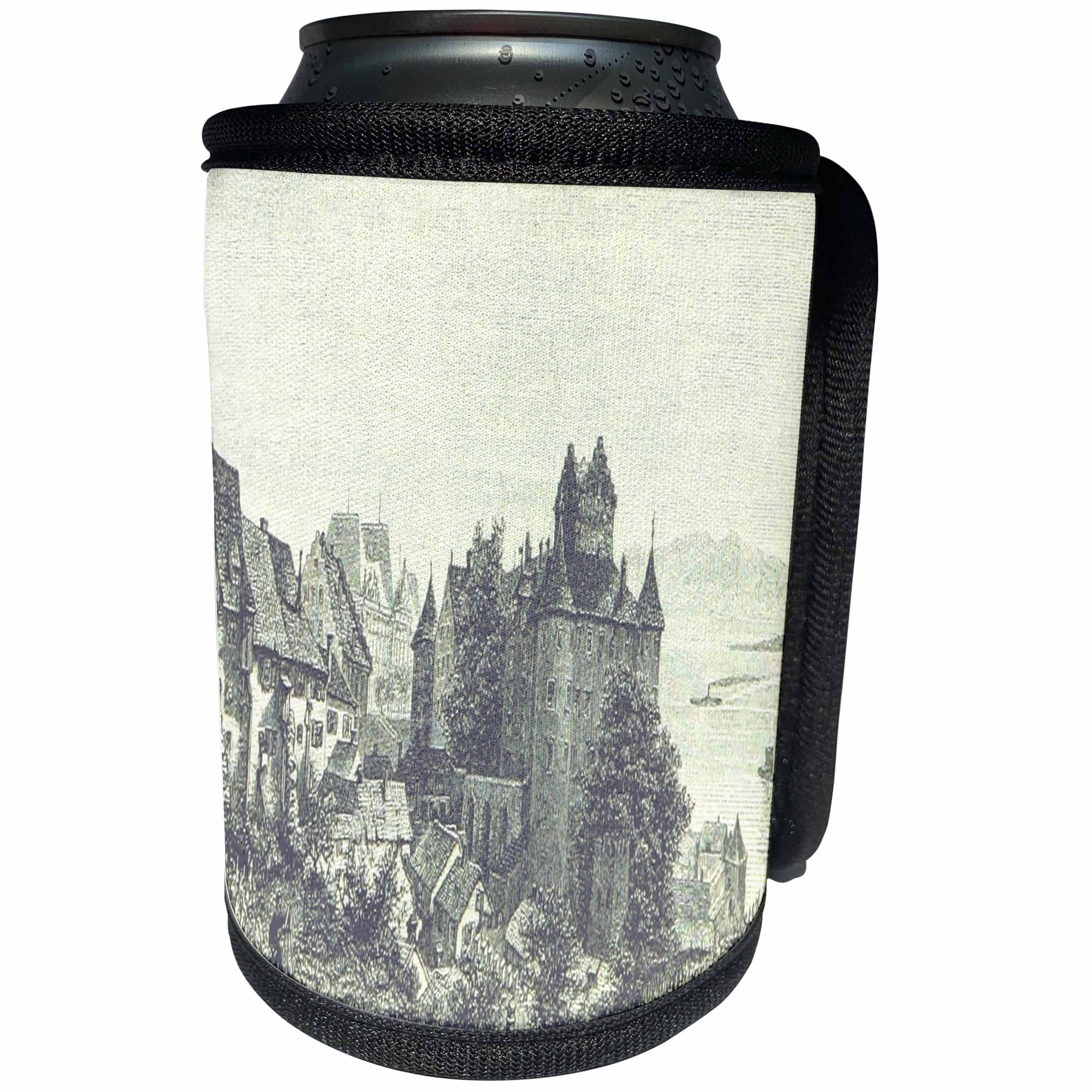 3dRose TDSwhite – Castle Sketches - Vintage Castle Village Historical Medieval Fairy Tale - Can Cooler Bottle Wrap (cc_284244)