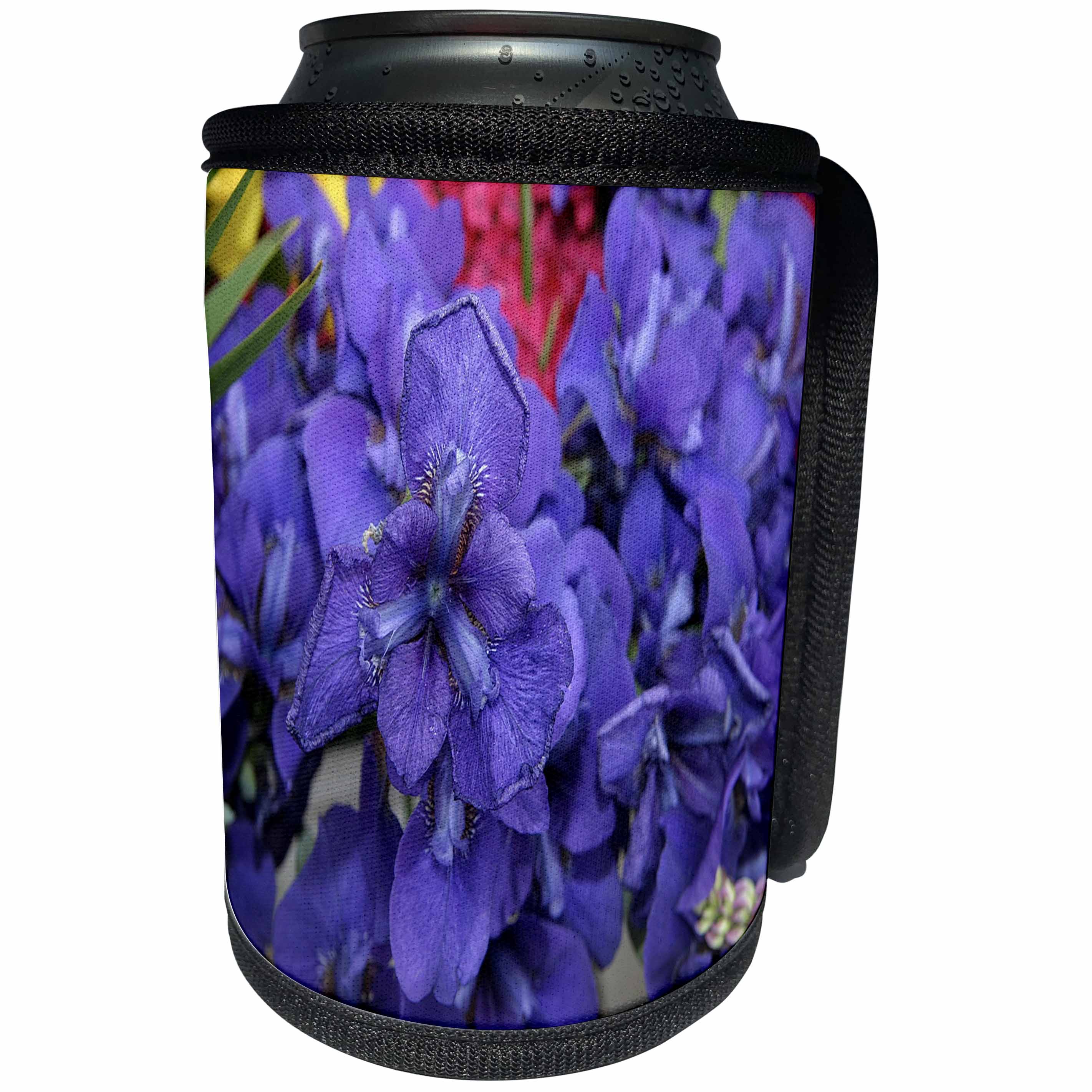 3dRose TDSwhite – Summer Seasonal Nature Photos - Floral Purple Iris With Dew - Can Cooler Bottle Wrap (cc_284592)