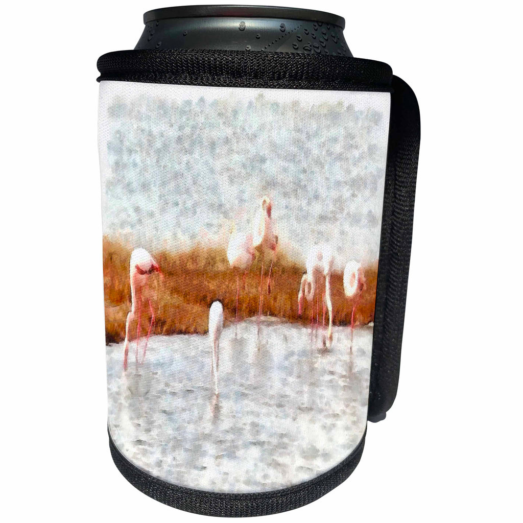 3dRose Taiche - Watercolor Painting - Flamingos - Seven Flamingos A Feeding Watercolor  - Can Cooler Bottle Wrap (cc_284652)