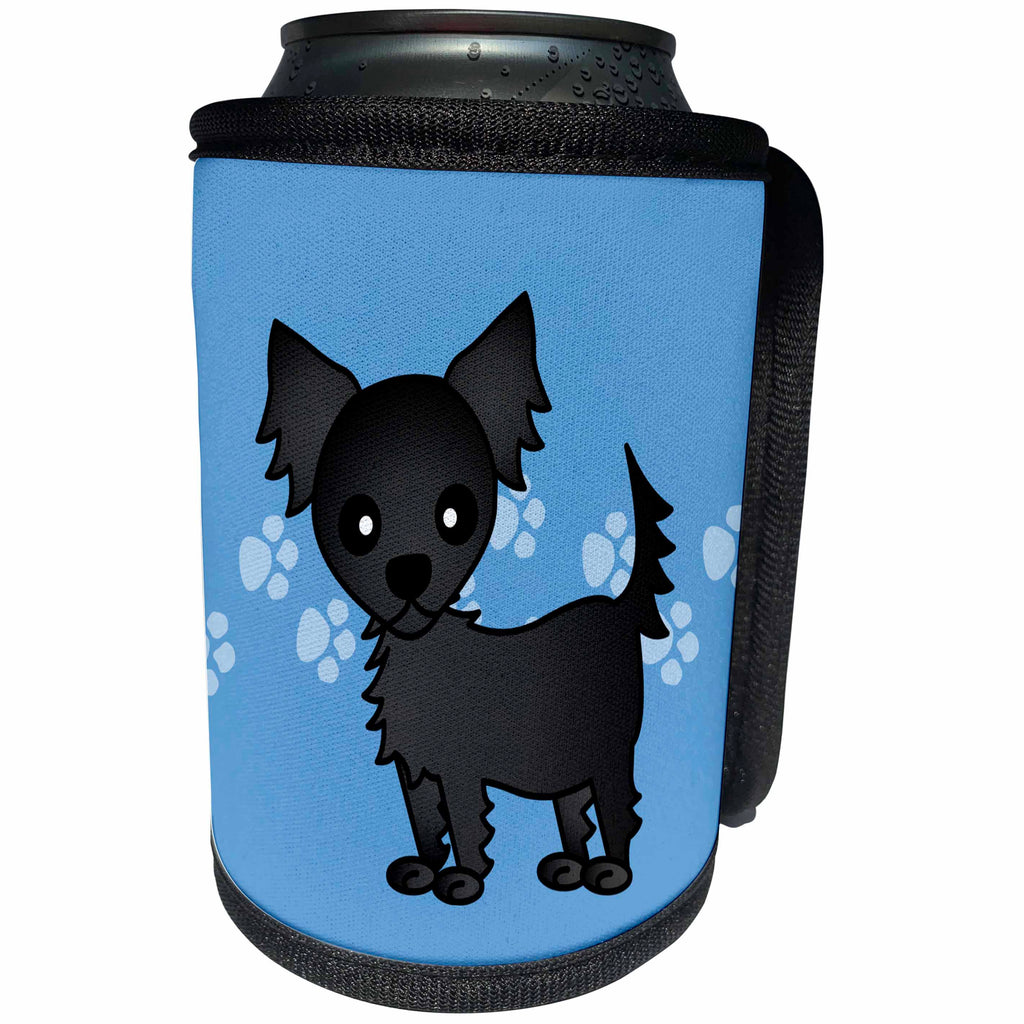 3dRose Janna Salak Designs Dogs - Cute Black Longhaired Chihuahua Blue with Pawprints - Can Cooler Bottle Wrap (cc_28466)