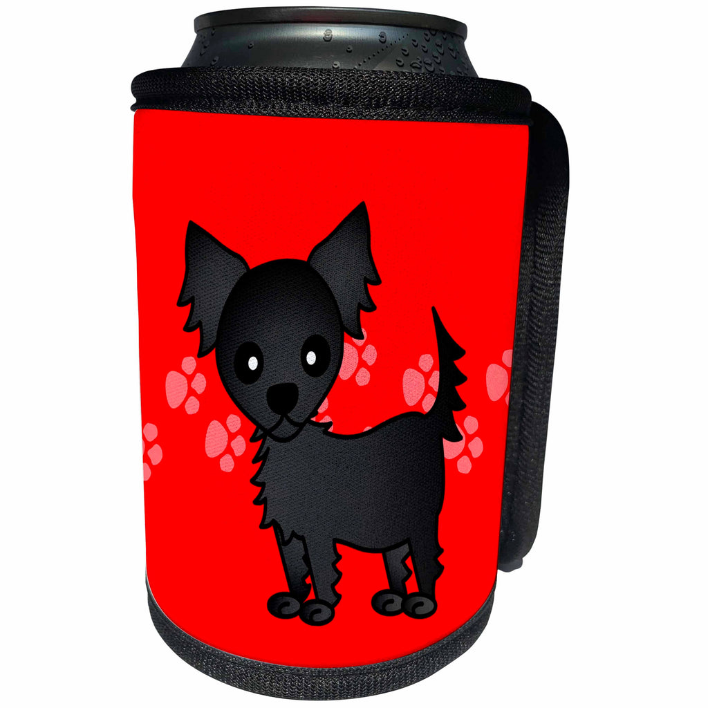 3dRose Janna Salak Designs Dogs - Cute Black Longhaired Chihuahua Red with Pawprints - Can Cooler Bottle Wrap (cc_28467)