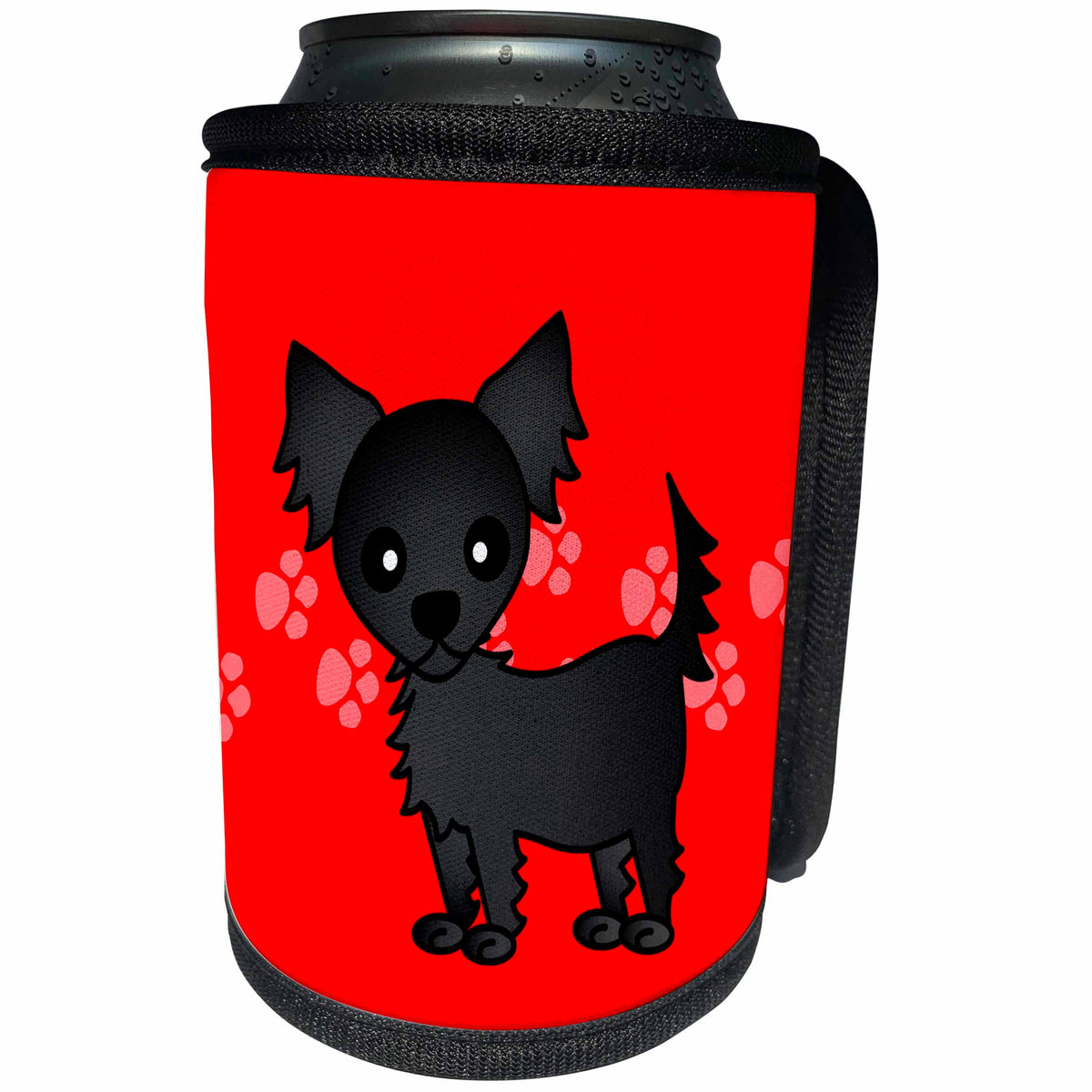 3dRose Janna Salak Designs Dogs - Cute Black Longhaired Chihuahua Red with Pawprints - Can Cooler Bottle Wrap (cc_28467)