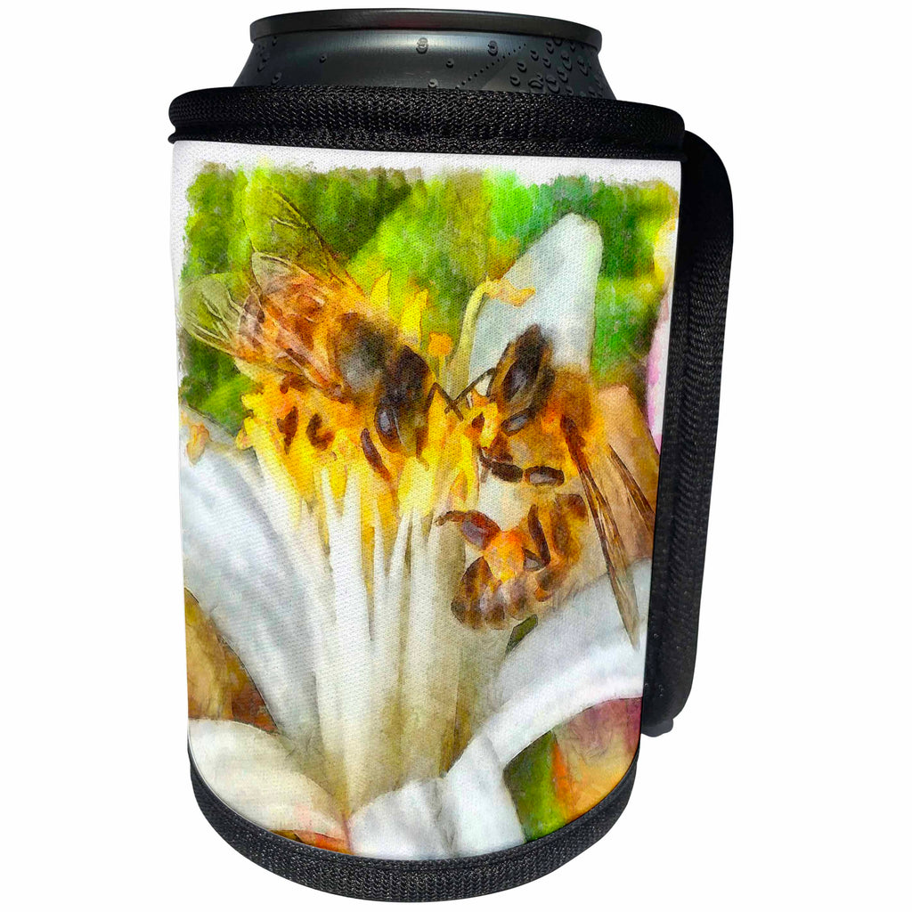 3dRose Taiche - Watercolor Painting - Honey Bee - Bees and Flowering Plants Watercolor - Can Cooler Bottle Wrap (cc_284687)