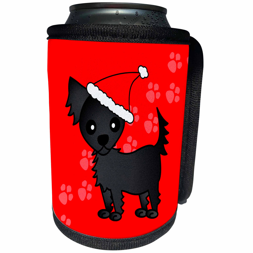 3dRose Janna Salak Designs Dogs - Cute Black Longhaired Chihuahua Red with Santa Hat - Can Cooler Bottle Wrap (cc_28469)