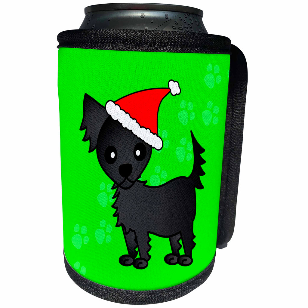 3dRose Janna Salak Designs Dogs - Cute Black Longhaired Chihuahua Green with Santa Hat - Can Cooler Bottle Wrap (cc_28470)