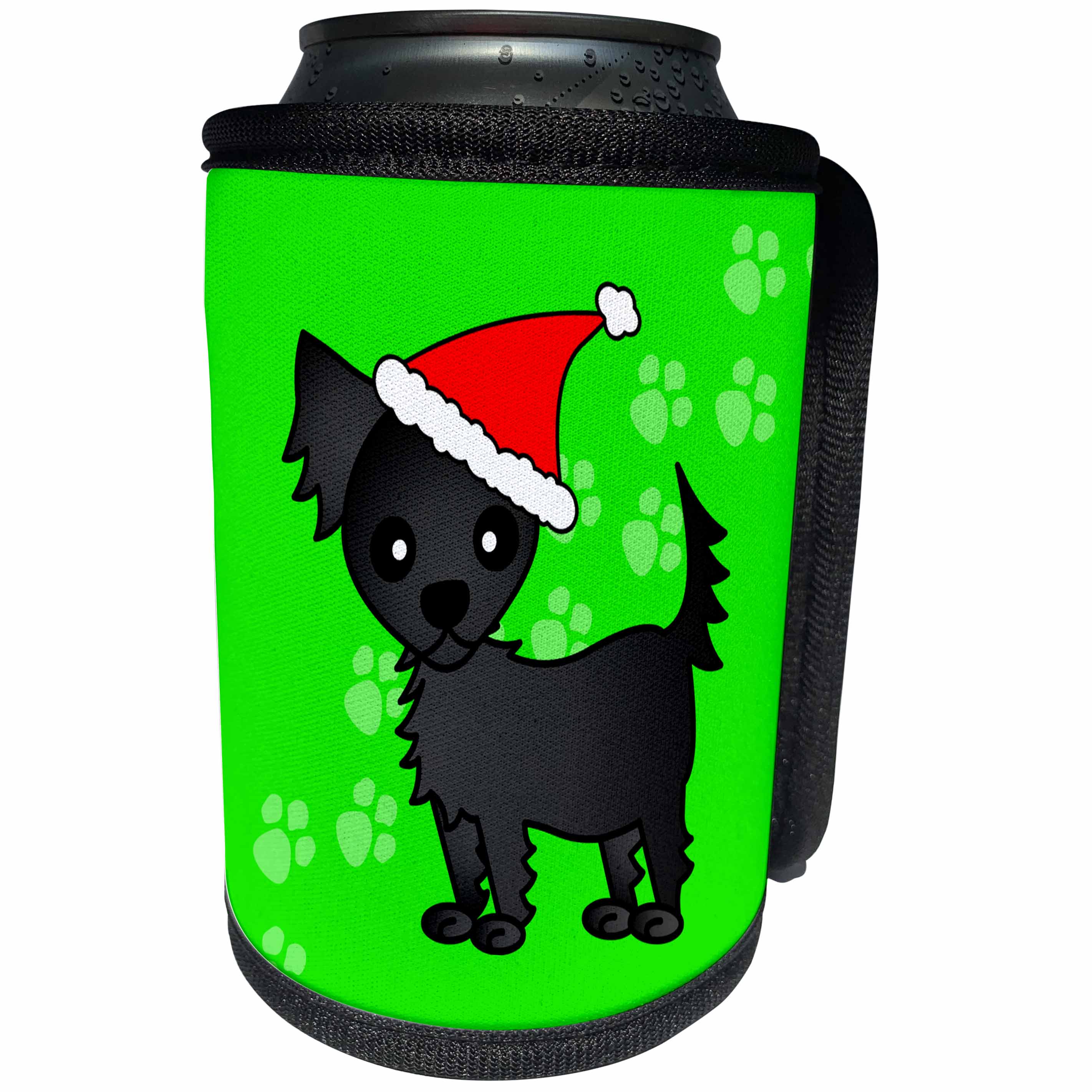 3dRose Janna Salak Designs Dogs - Cute Black Longhaired Chihuahua Green with Santa Hat - Can Cooler Bottle Wrap (cc_28470)