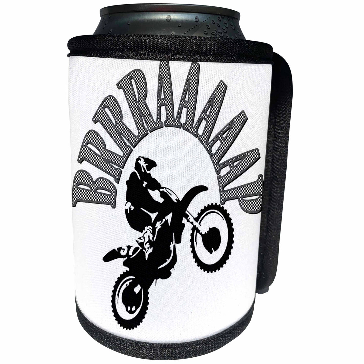 3dRose Taiche - Vector - Motocross - Grey scale Brrraaaaap Checkered Flag Moto Language - Can Cooler Bottle Wrap (cc_284710)