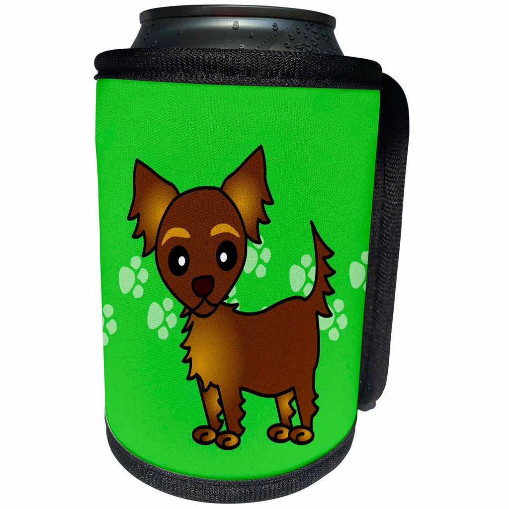 3dRose Janna Salak Designs Dogs - Cute Chocolate Brown Longhaired Chihuahua Green with Pawprints - Can Cooler Bottle Wrap (cc_28472)