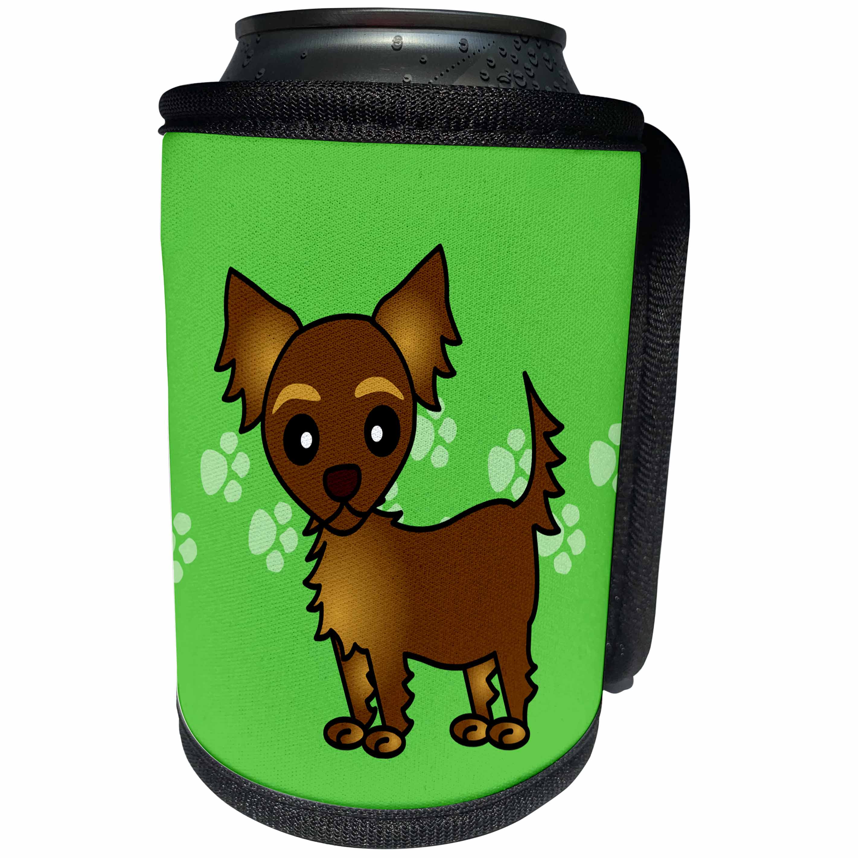 3dRose Janna Salak Designs Dogs - Cute Chocolate Brown Longhaired Chihuahua Green with Pawprints - Can Cooler Bottle Wrap (cc_28472)